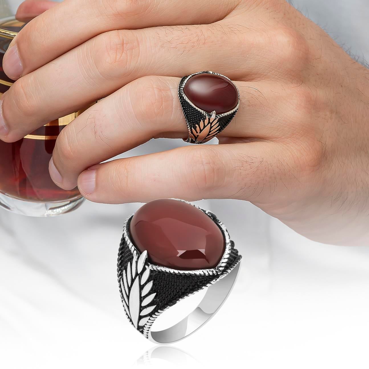 Oval Akik Taşlı 925 Gümüş Erkek Yüzük
