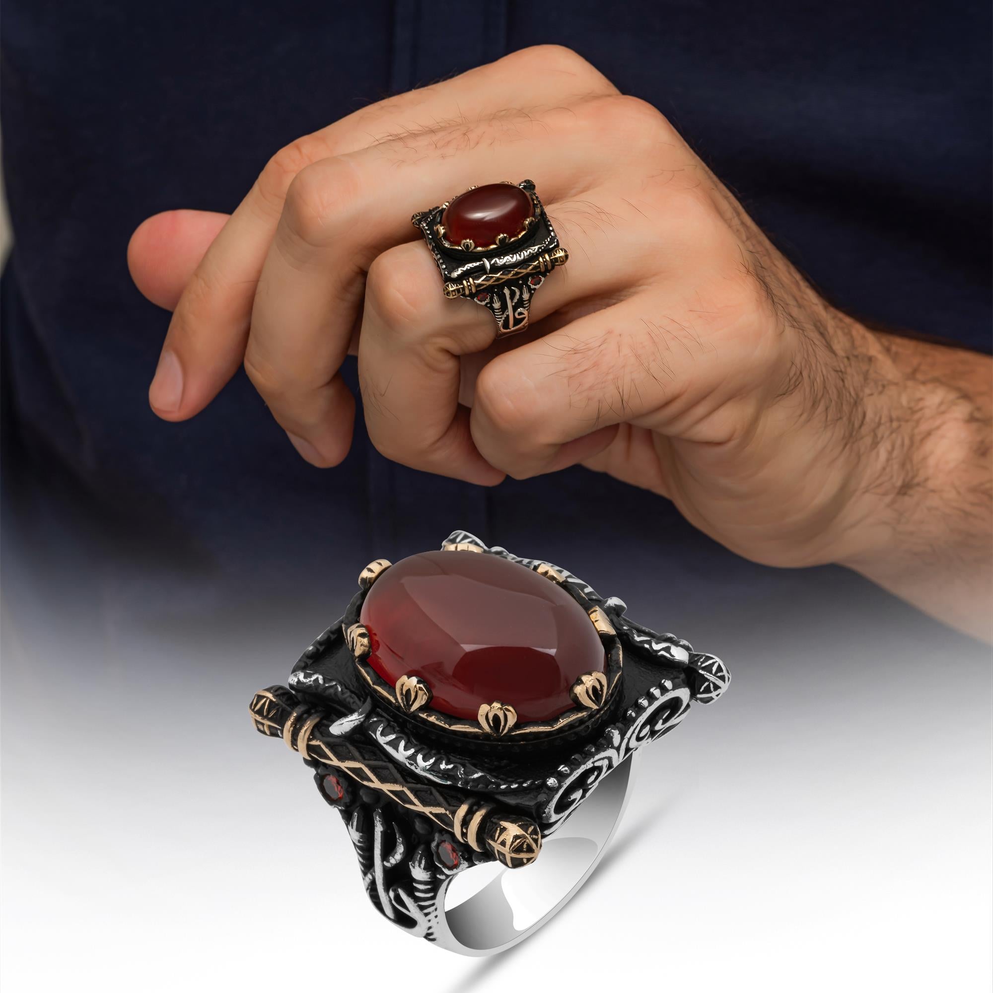 Oval Akik Taşlı Elifvav 925 Ayar Gümüş Yüzük