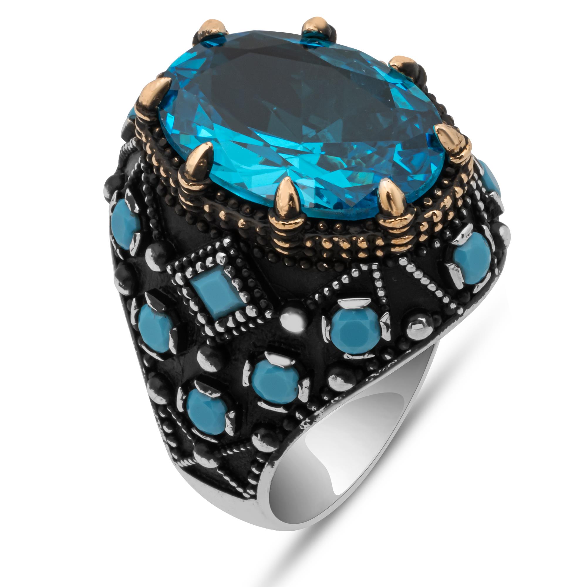 Oval Aqua Mavi Taşlı 925 Gümüş Erkek Yüzük