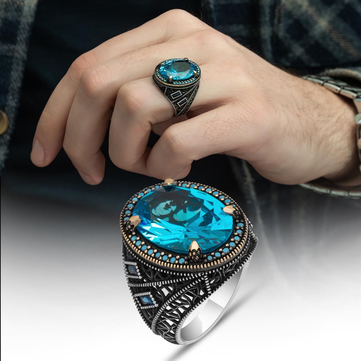 Oval Aqua Mavi Taşlı 925 Gümüş Erkek Yüzük