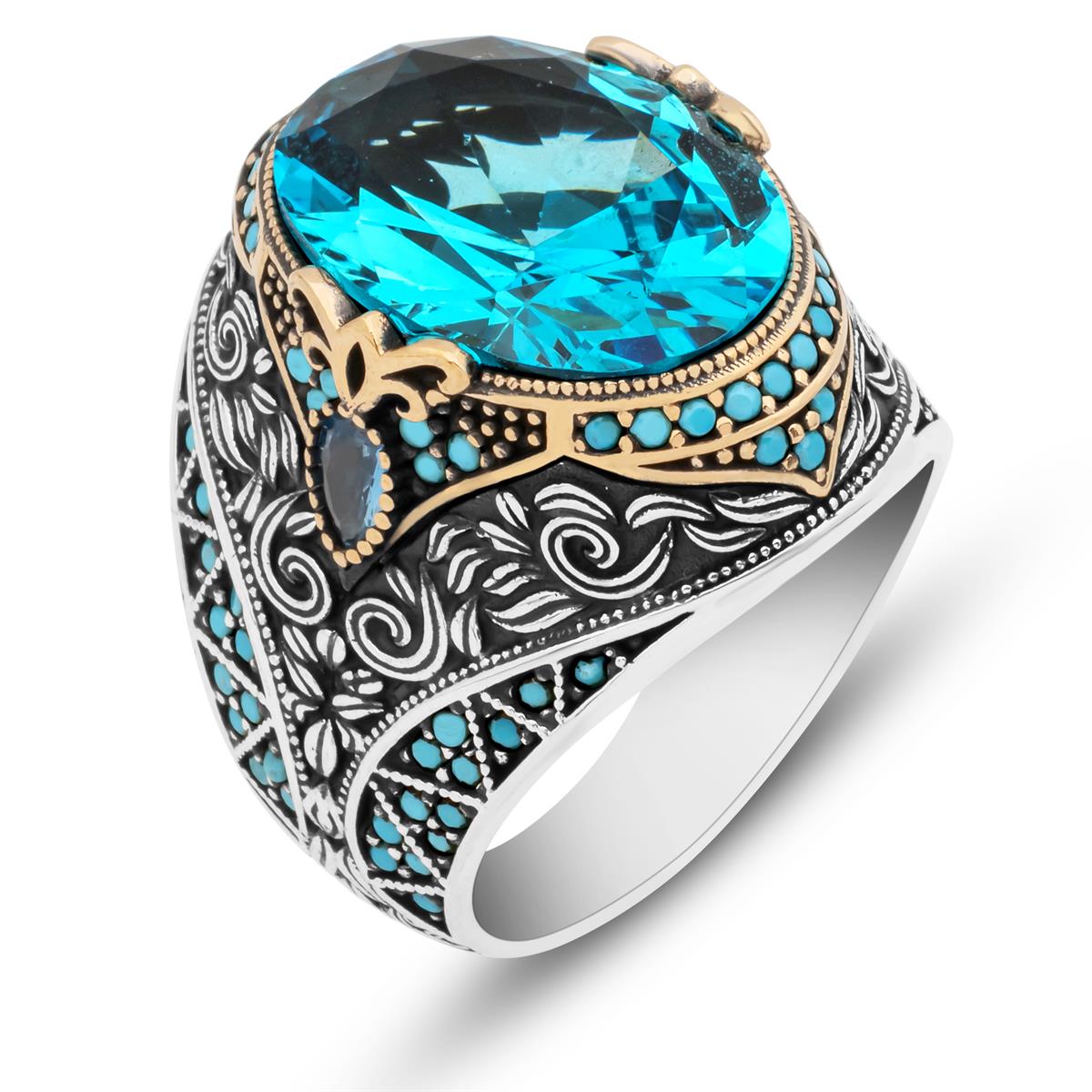 Oval Aqua Mavisi Taşlı 925 Gümüş Erkek Yüzük