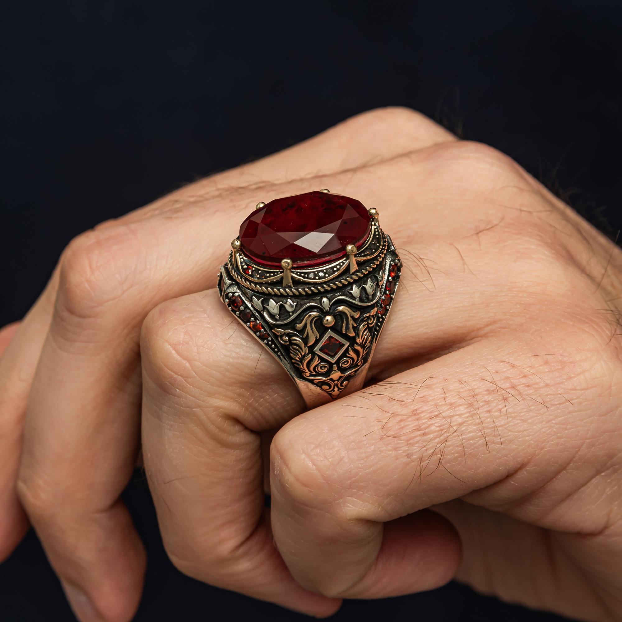 Oval Kırmızı Paraiba Taşlı 925 Gümüş Erkek Yüzük