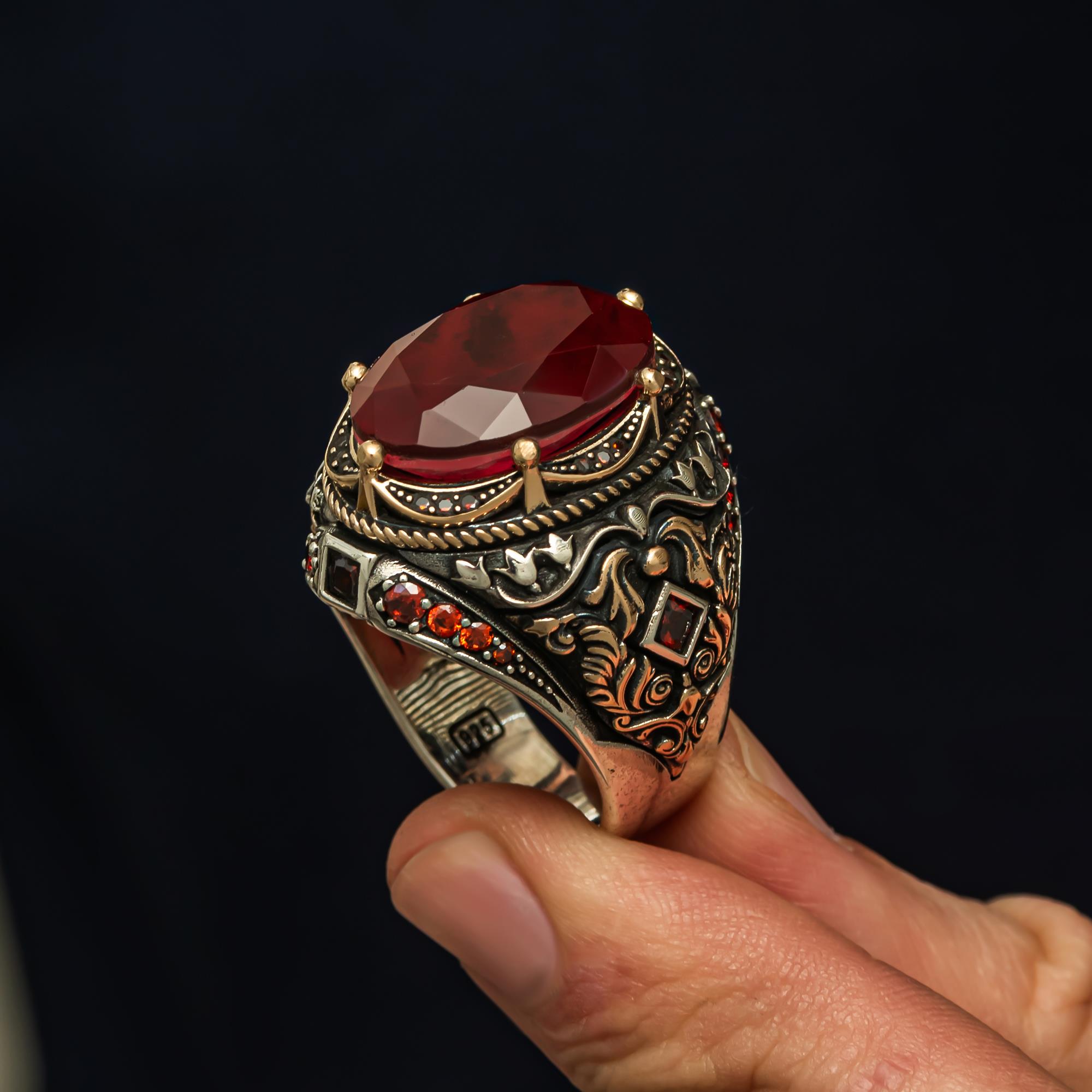Oval Kırmızı Paraiba Taşlı 925 Gümüş Erkek Yüzük