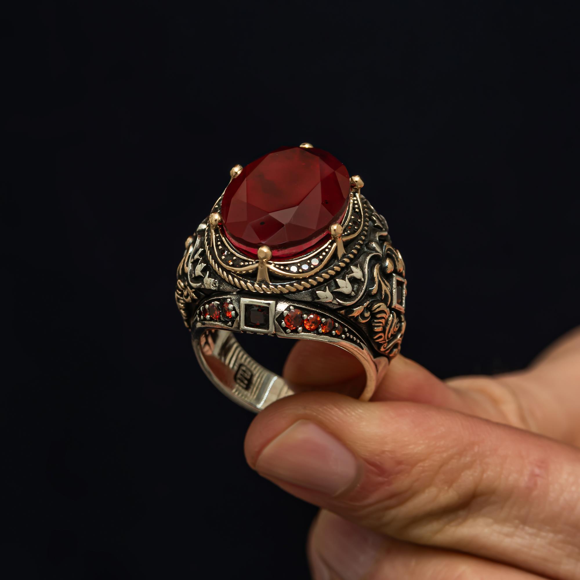 Oval Kırmızı Paraiba Taşlı 925 Gümüş Erkek Yüzük