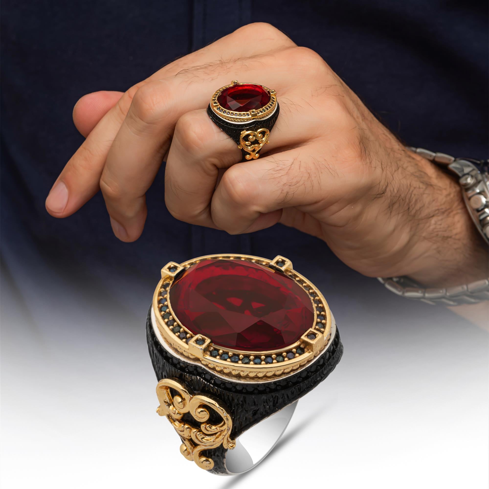 Oval Kırmızı Taşlı 925 Gümüş Erkek Yüzük