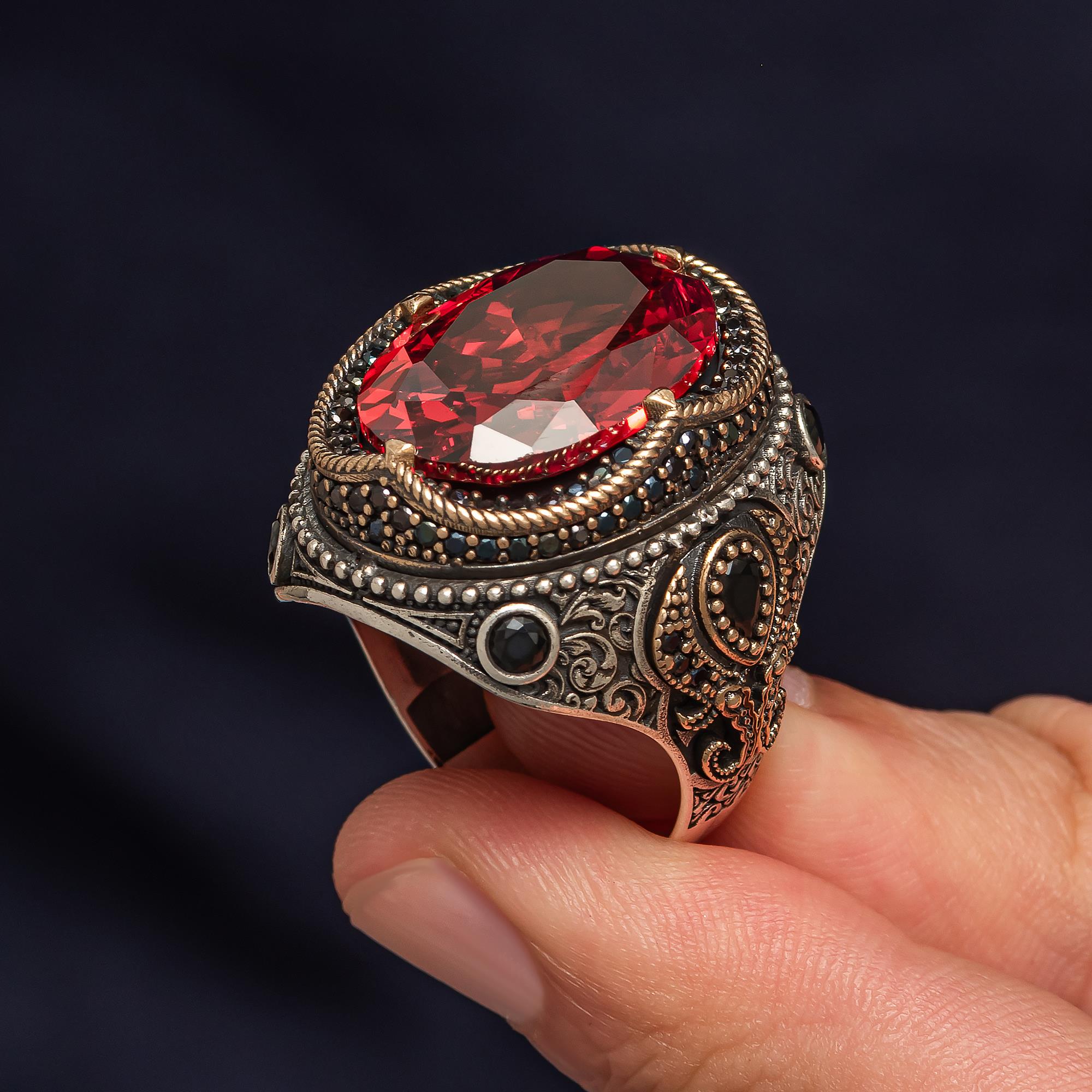 Oval Kırmızı Zirkon Taşlı 925 Erkek Gümüş Yüzük