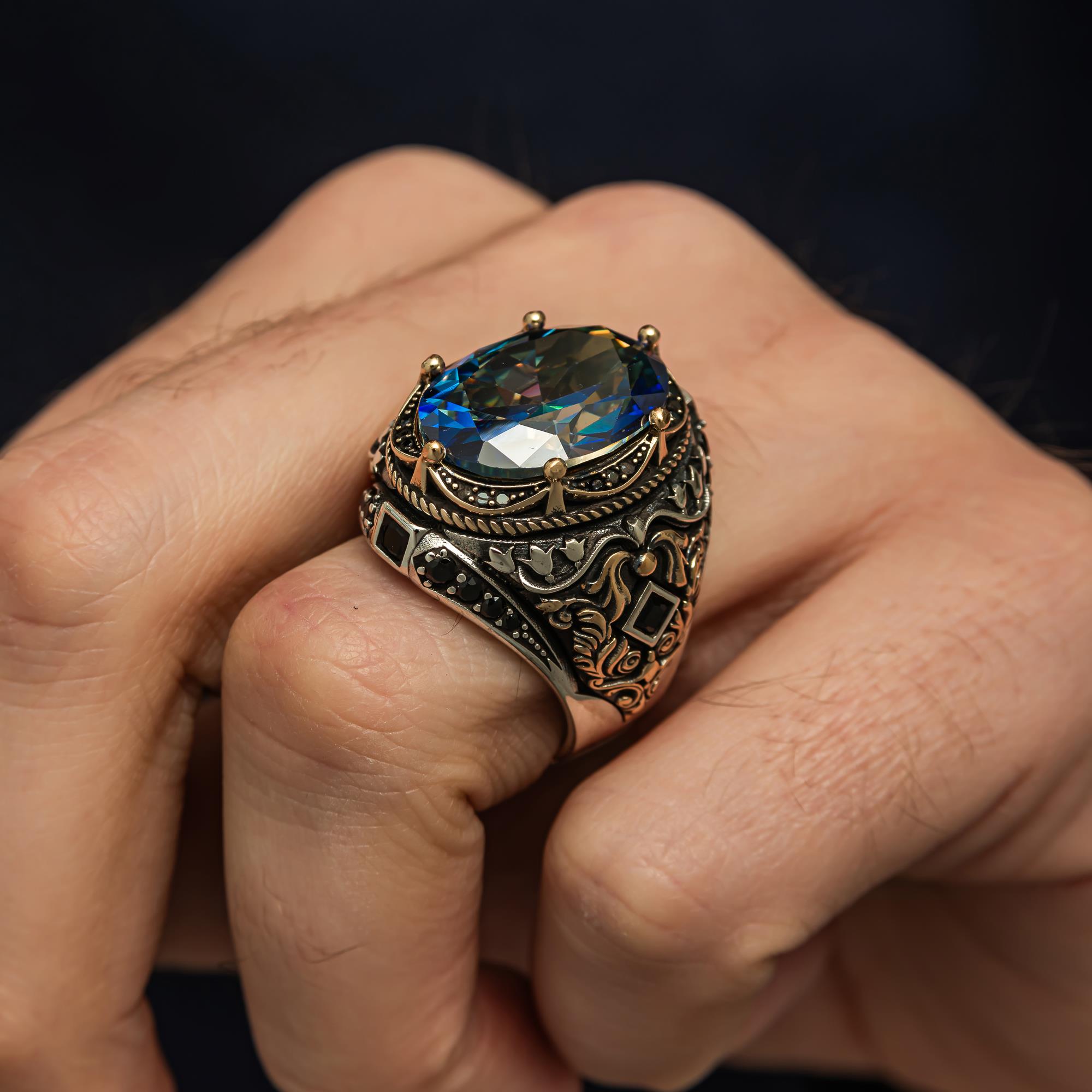 Oval Mistik Topaz Taşlı 925 Gümüş Erkek Yüzük