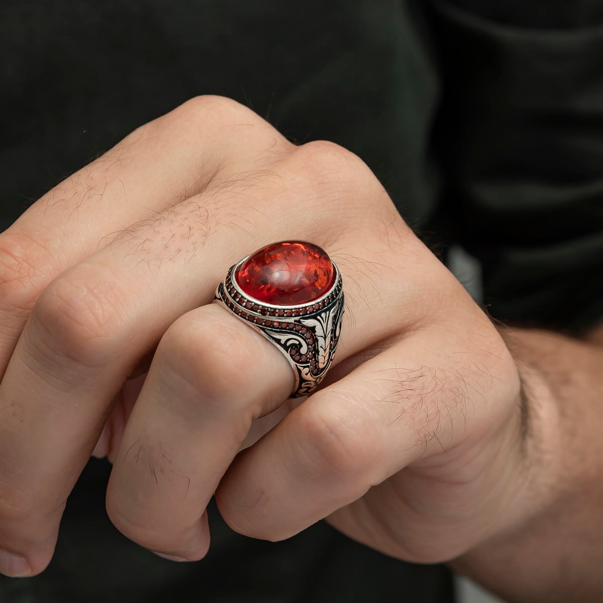 Oval Sentetik Kehribar Taşlı 925 Gümüş Erkek Yüzük