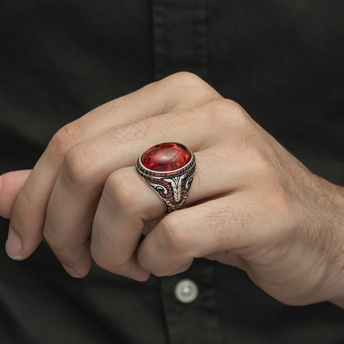 Oval Sentetik Kehribar Taşlı 925 Gümüş Erkek Yüzük