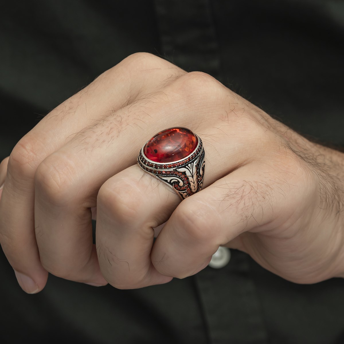 Oval Sentetik Kehribar Taşlı 925 Gümüş Erkek Yüzük