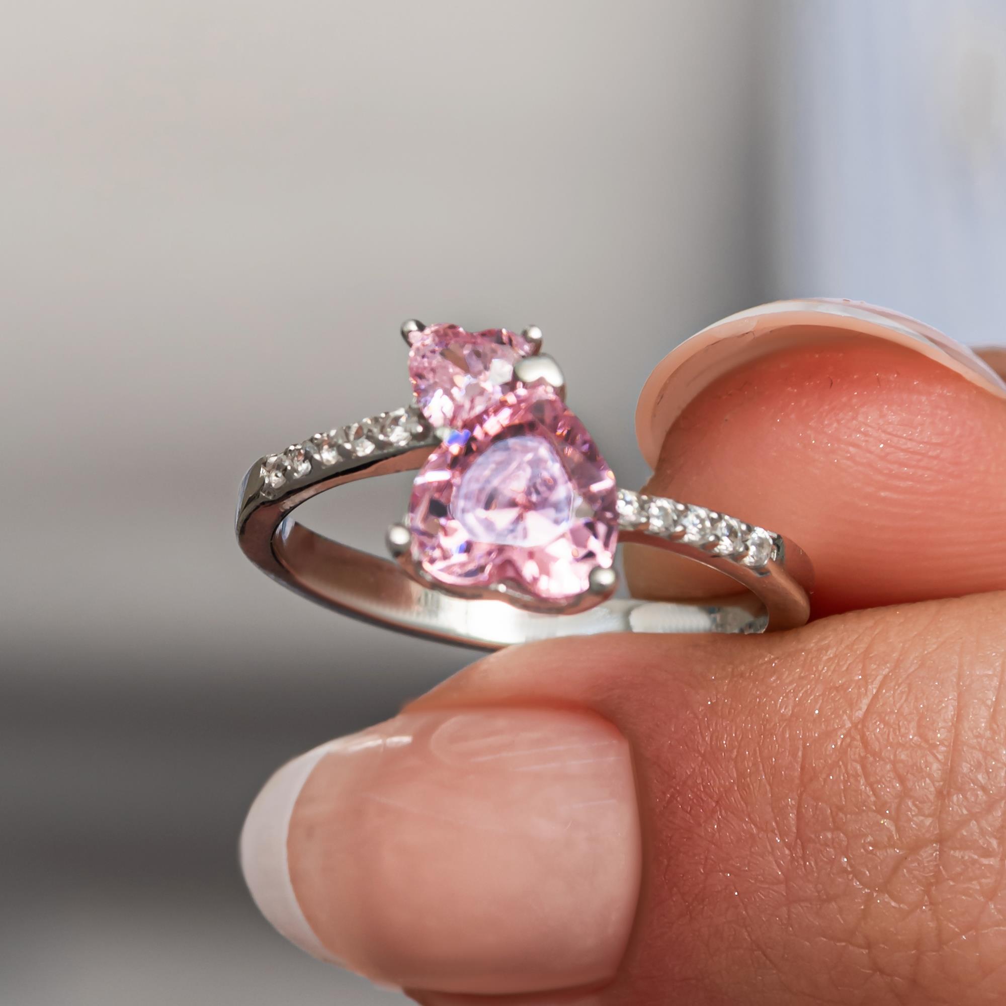 Pembe Taşlı Kalpli 925 Gümüş Yüzük Kadın