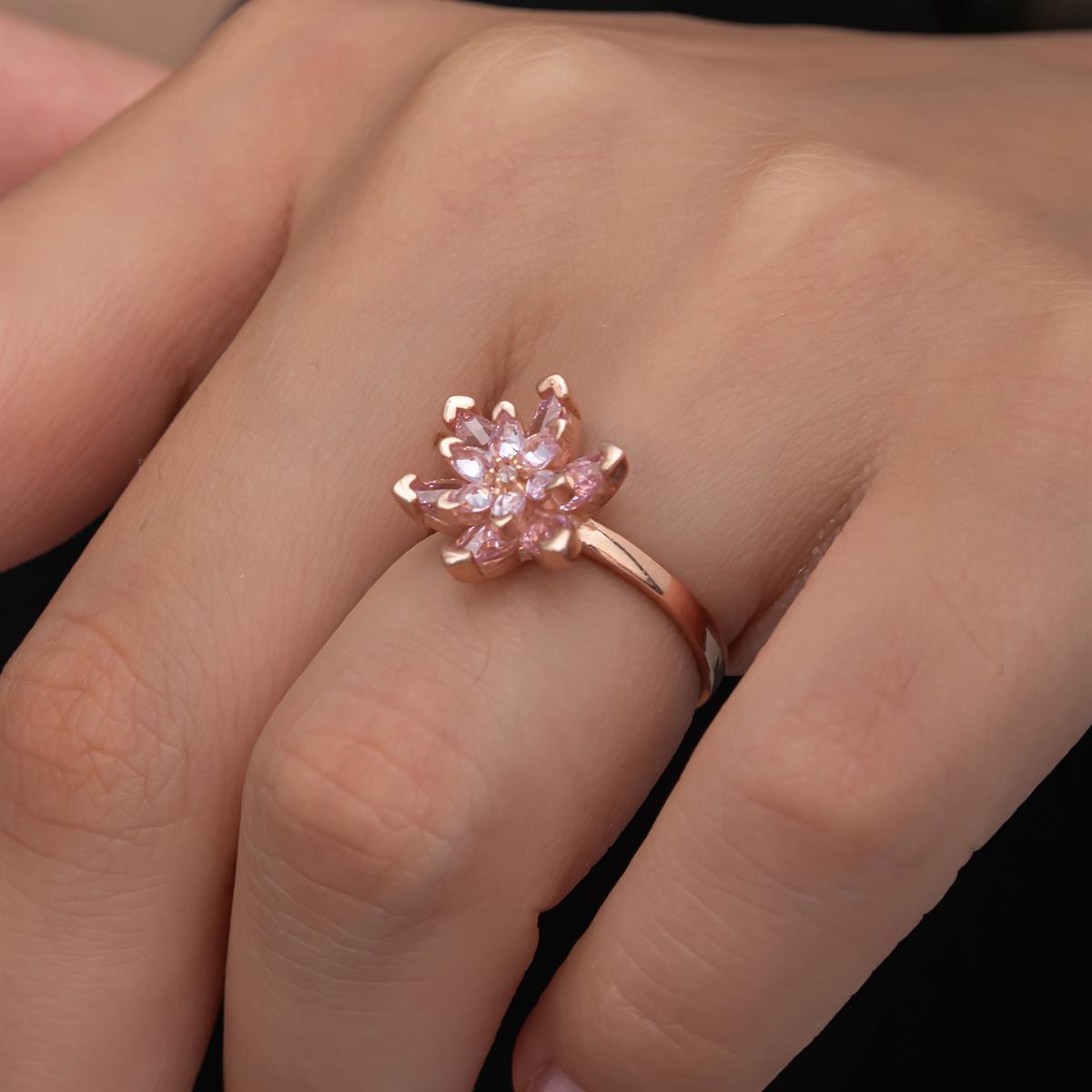 Pembe Lotus Çiçeği Rose Gümüş Kadın Yüzük