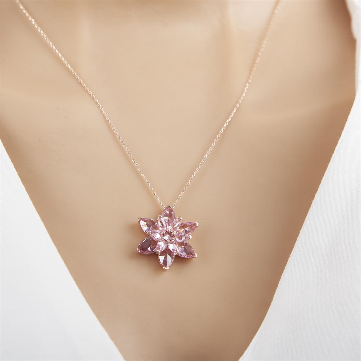 Pembe Lotus Çiçeği Rose Kaplama 925 Gümüş Kadın Kolye