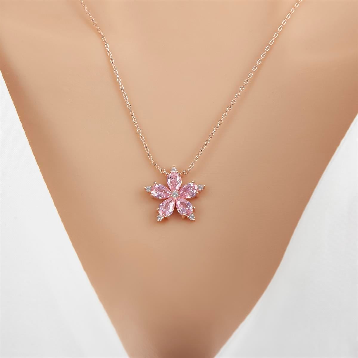 Pembe Taşlı Kamelya Çiçeği 925 Gümüş Kadın Kolye