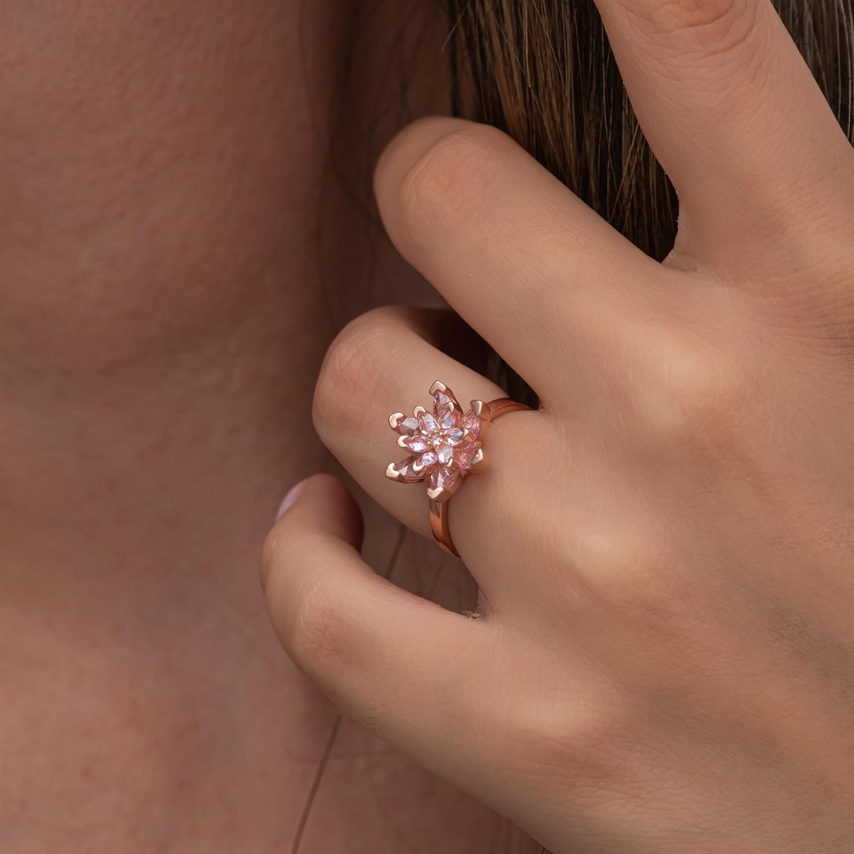 Pembe Taşlı Lotus Çiçeği 925 Gümüş Kadın Yüzük