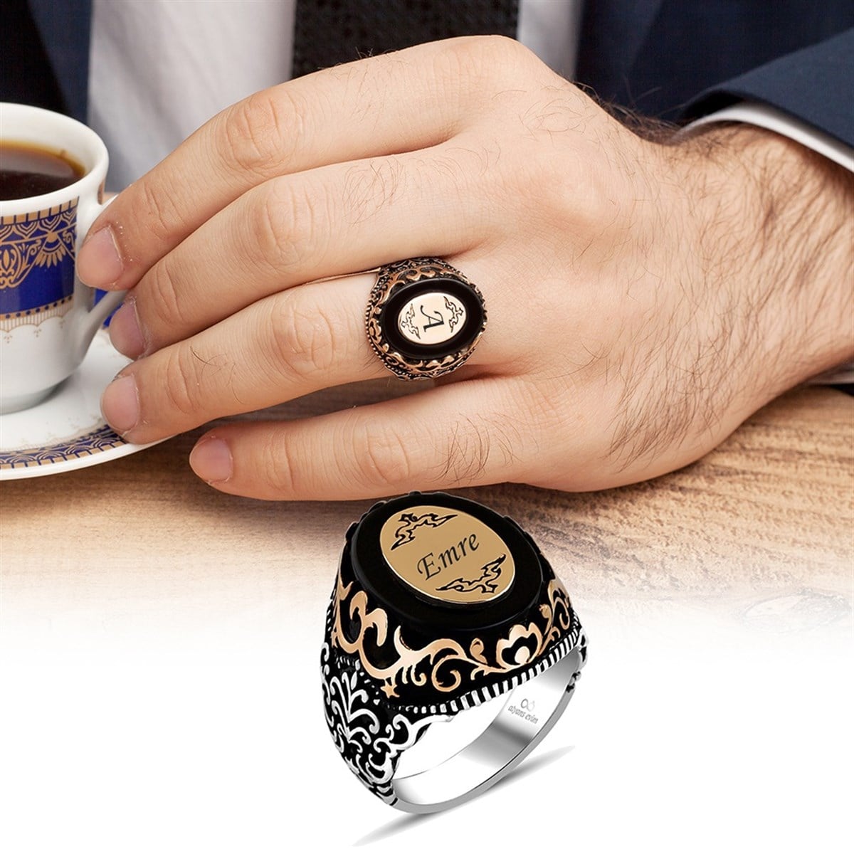 Plaka İsimli Siyah Onix Taşlı 925 Gümüş Erkek Yüzük