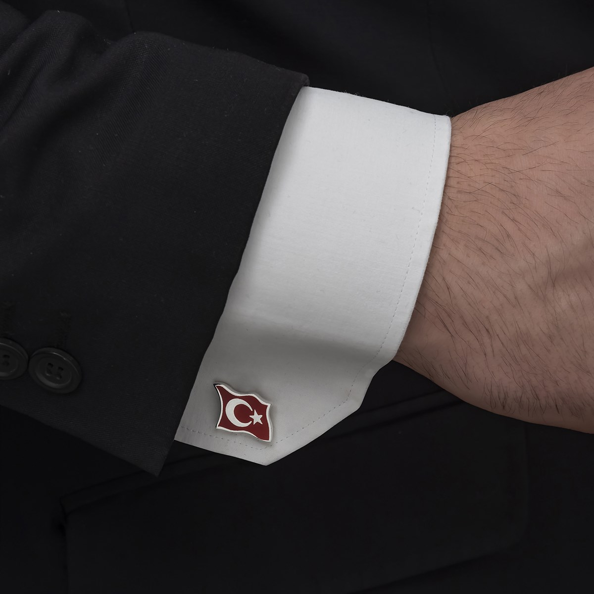 Türk Bayrağı Mineli Gümüş Kol Düğmesi