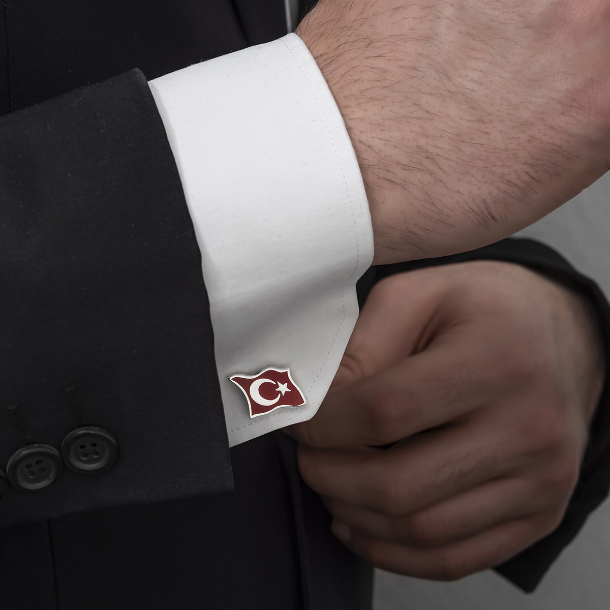 Türk Bayrağı Mineli Gümüş Kol Düğmesi