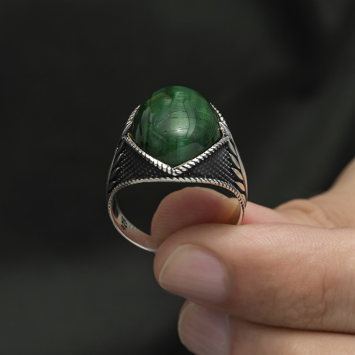Yeşil Kaplan Gözü Taşlı Oval 925 Gümüş Erkek Yüzük