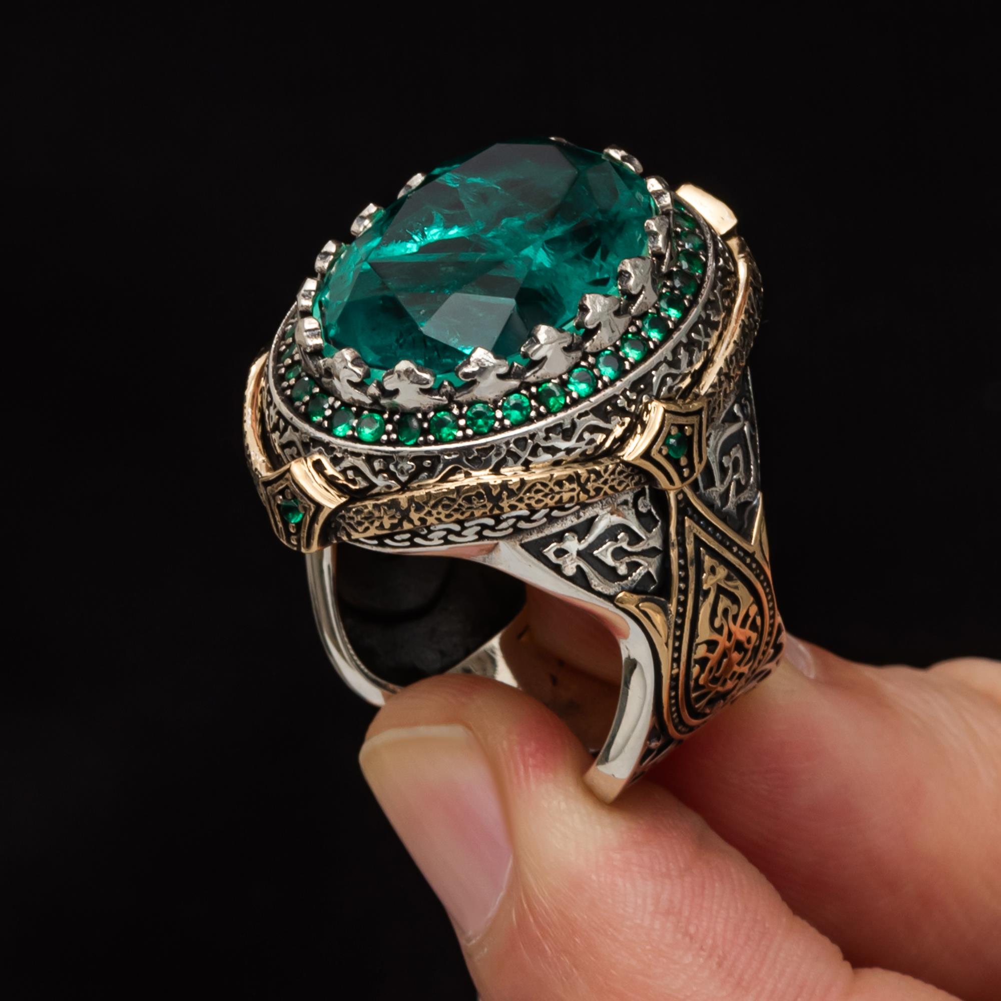 Yeşil Paraiba Taşlı Zorbey 925 Gümüş Erkek Yüzük