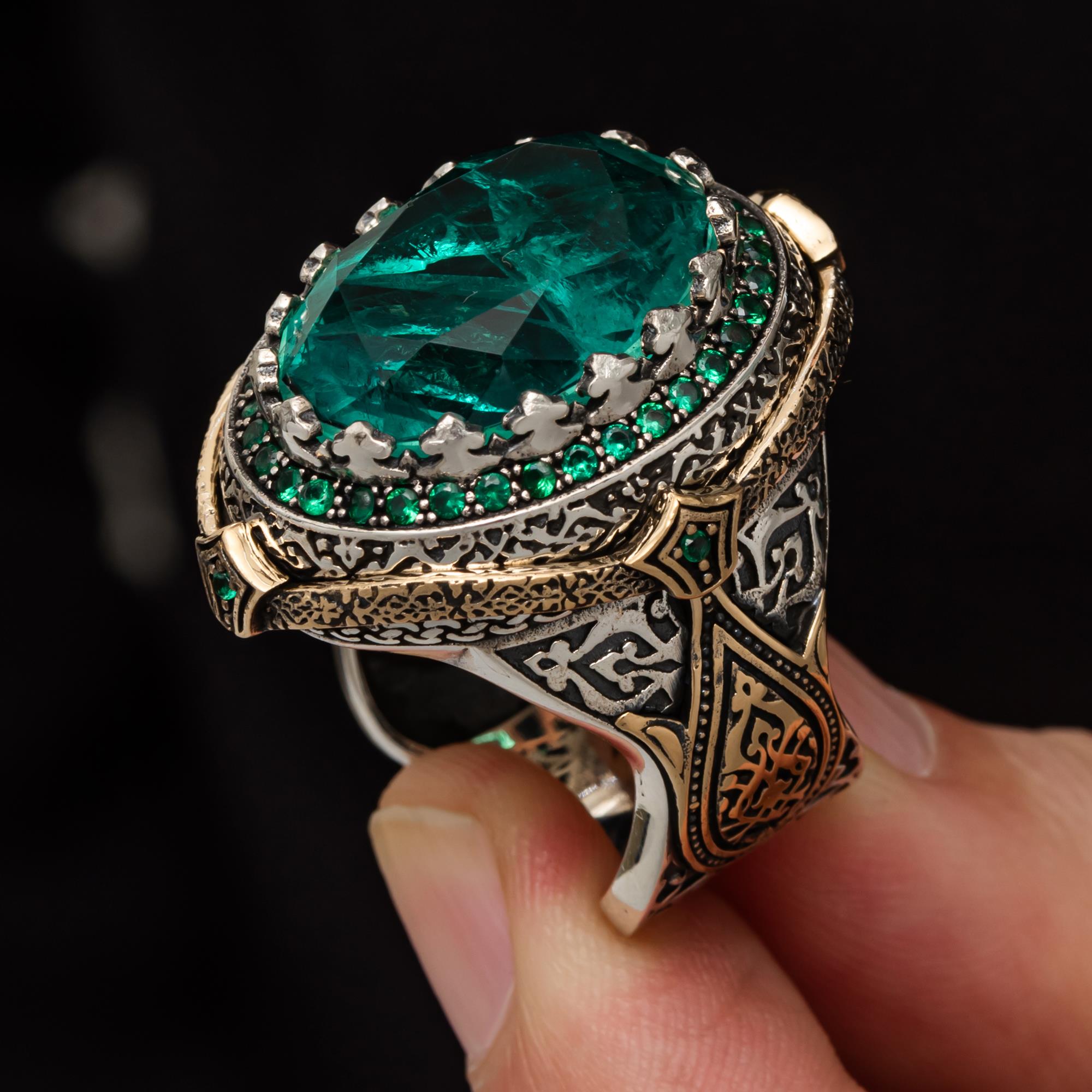 Yeşil Paraiba Taşlı Zorbey 925 Gümüş Erkek Yüzük