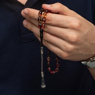 925 Ayar Gümüş Kazaz Püsküllü Arpa Kesim Sarı Siyah Sıkma Kehribar Tesbih