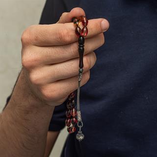 925 Ayar Gümüş Kazaz Püsküllü Arpa Kesim Sarı Siyah Sıkma Kehribar Tesbih