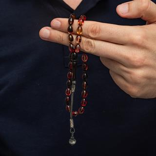 925 Ayar Gümüş Kazaz Püsküllü Arpa Kesim Sarı Siyah Sıkma Kehribar Tesbih