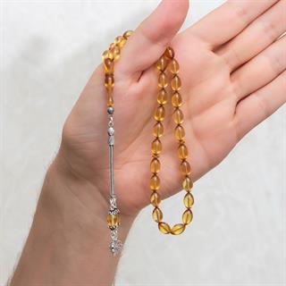 925 Ayar Gümüş Püsküllü Açık Sarı Kehribar Tesbih