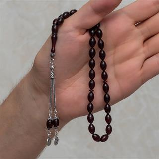 925 Ayar Gümüş Püsküllü Bordo Kehribar Tesbih