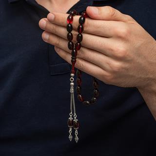 925 Ayar Gümüş Püsküllü Karışık Renk Kehribar Tesbih