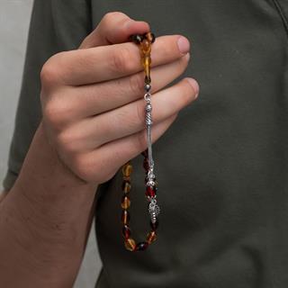 925 Ayar Gümüş Püsküllü Karışık Renk Kehribar Tesbih