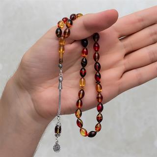 925 Ayar Gümüş Püsküllü Karışık Renk Kehribar Tesbih