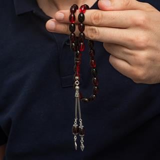 925 Ayar Gümüş Püsküllü Karışık Renk Kehribar Tesbih