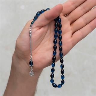 925 Ayar Gümüş Püsküllü Lacivert Siyah Kehribar Tesbih