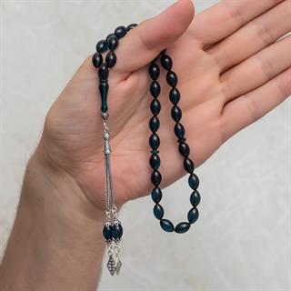 925 Ayar Gümüş Püsküllü Mavi Kehribar Tesbih