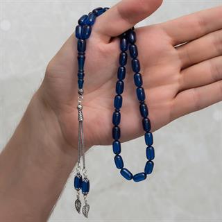 925 Ayar Gümüş Püsküllü Parliement Mavisi Kehribar Tesbih