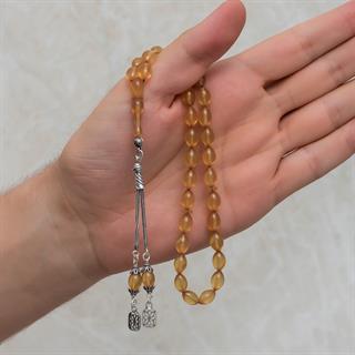 925 Ayar Gümüş Püsküllü Sarı Kehribar Tesbih