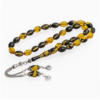 925 Ayar Gümüş Püsküllü Sarı Siyah Kehribar Tesbih