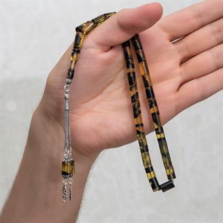 925 Ayar Gümüş Püsküllü Silindir Kesim Sarı Siyah Kehribar Tesbih