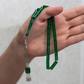 925 Ayar Gümüş Püsküllü Silindir Kesim Yeşil Kehribar Tesbih