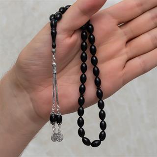925 Ayar Gümüş Püsküllü Siyah Kehribar Tesbih