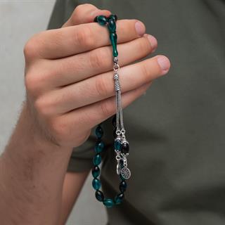 925 Ayar Gümüş Püsküllü Turkuaz Kehribar Tesbih