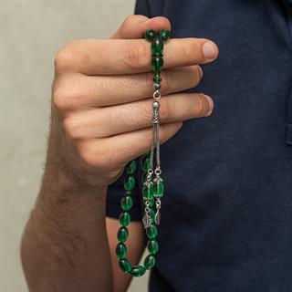 925 Ayar Gümüş Püsküllü Yeşil Renk Damla Kesim Ateş Kehribar Tesbih