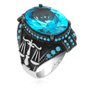 Adalet Terazisi Aqua Mavi Taşlı 925 Gümüş Erkek Yüzük