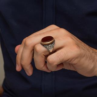 Akik Oval Taşlı 925 Erkek Gümüş Yüzük