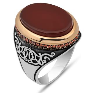 Akik Oval Taşlı 925 Erkek Gümüş Yüzük