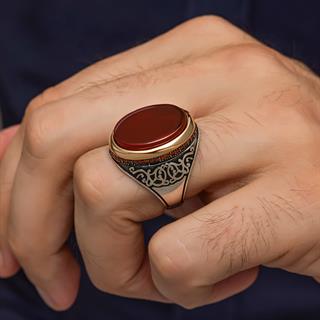 Akik Oval Taşlı 925 Erkek Gümüş Yüzük