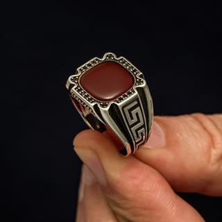 Akik Taşlı Grek Desenli 925 Gümüş Erkek Yüzük
