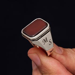 Akik Taşlı Harfli 925 Gümüş Yüzük